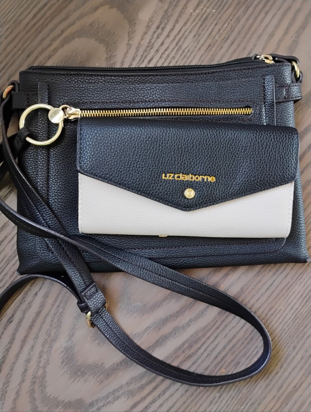 Black Pebbled Leather Shoulder Bag with Gold Hardware And Matching Wallet Set